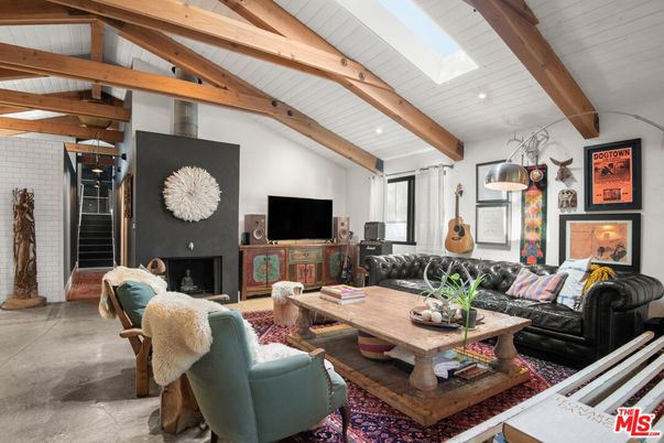 Fireplace, Interior, Living room, Recessed Lighting, Stone Walls, Wooden Beams