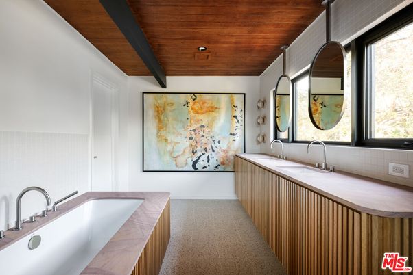 Bathroom, Dual Sink Vanities, Interior, Recessed Lighting, Wooden Beams, Wooden Ceilings