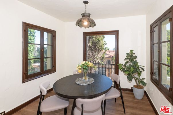Dining room, Interior, Pendant Lights, Wood Texture Flooring