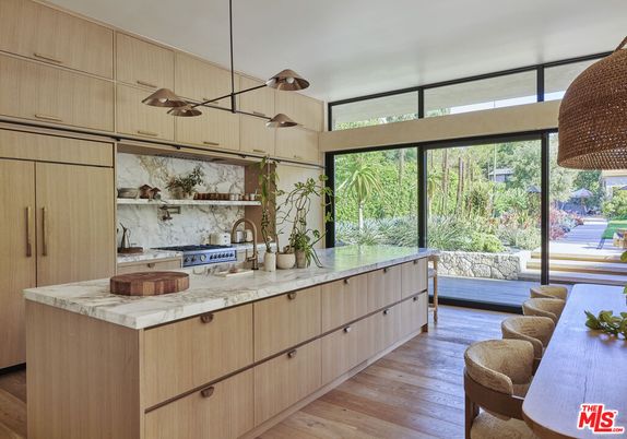 Interior, Kitchen, Marble Walls, Pendant Lights, Wood Texture Flooring