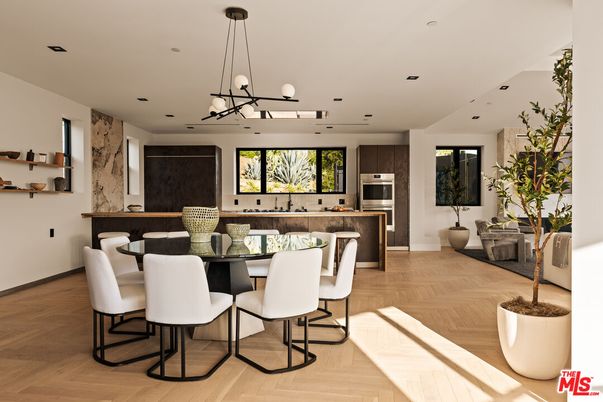 Dining room, Interior, Kitchen, Pendant Lights, Recessed Lighting, Stainless Steel Appliances, Wood Texture Flooring