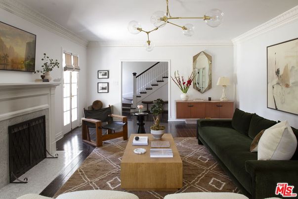Fireplace, Interior, Living room, Pendant Lights, Wood Texture Flooring