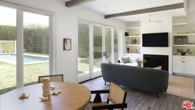 Fireplace, Interior, Living room, Recessed Lighting, Wooden Beams, Wood Texture Flooring