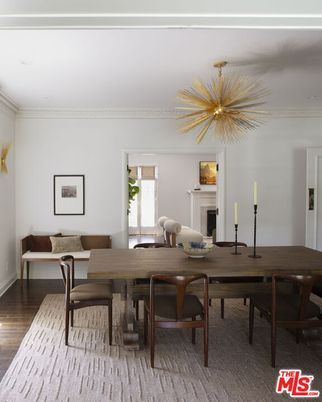 Dining room, Fireplace, Interior, Pendant Lights, Wood Texture Flooring