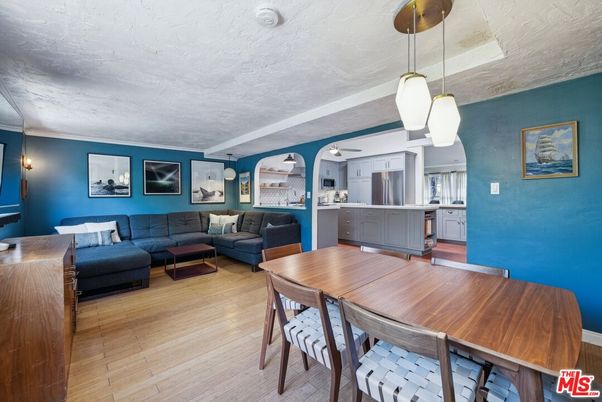 Dining room, Interior, Kitchen, Living room, Pendant Lights, Stainless Steel Appliances, Wood Texture Flooring