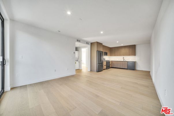 Empty room, Interior, Kitchen, Recessed Lighting, Wood Texture Flooring