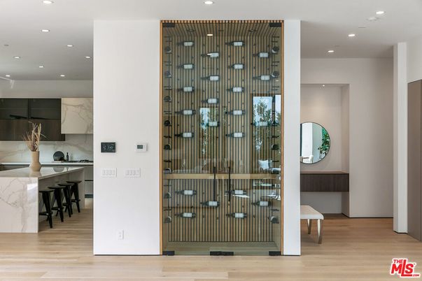 Interior, Kitchen, Marble Walls, Recessed Lighting, Wine Storage, Wood Texture Flooring