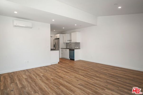 Empty room, Interior, Kitchen, Recessed Lighting, Wood Texture Flooring