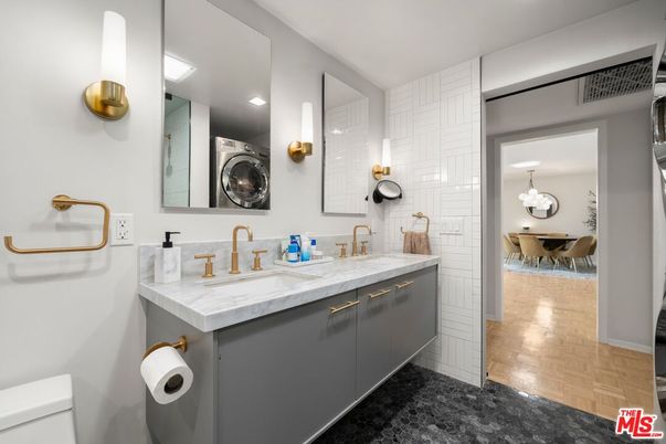 Bathroom, Dining room, Dual Sink Vanities, Interior, Recessed Lighting, Wood Texture Flooring