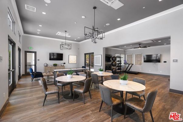 Dining room, Fitness Equipment, Interior, Pendant Lights, Recessed Lighting, Wood Texture Flooring