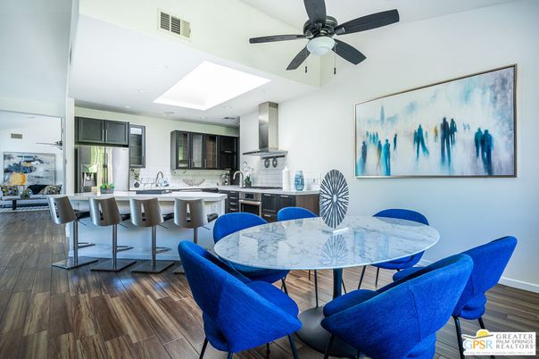 Dining room, Interior, Kitchen, Recessed Lighting, Stainless Steel Appliances, Wood Texture Flooring