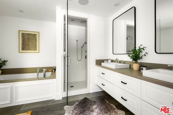 Bathroom, Dual Sink Vanities, Glass Shower, Interior, Recessed Lighting, Wood Texture Flooring