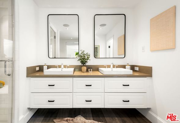 Bathroom, Dual Sink Vanities, Glass Shower, Interior, Recessed Lighting, Wood Texture Flooring