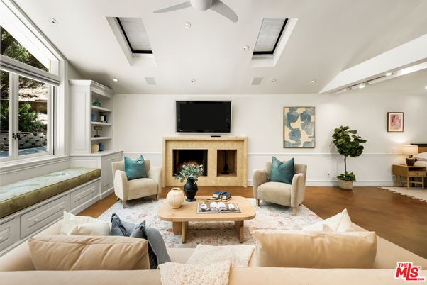 Fireplace, Interior, Living room, Recessed Lighting, Wood Texture Flooring