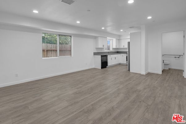 Bathroom, Empty room, Interior, Kitchen, Recessed Lighting, Wood Texture Flooring