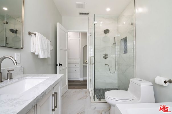 Bathroom, Glass Shower, Interior, Marble, Marble Walls, Recessed Lighting
