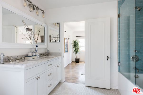 Bathroom, Dual Sink Vanities, Glass Shower, Interior, Wood Texture Flooring