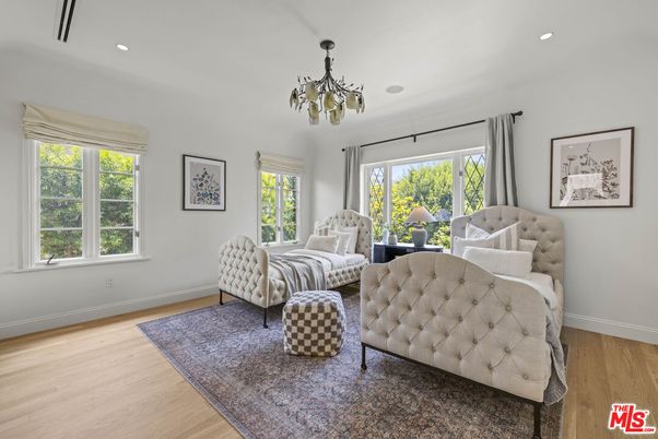 Bedroom, Chandelier, Interior, Recessed Lighting, Wood Texture Flooring