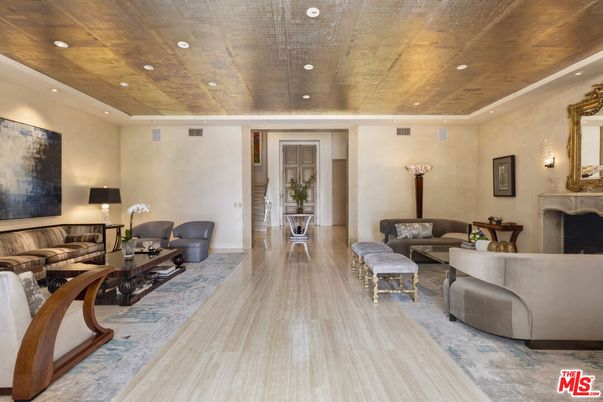 Fireplace, Interior, Living room, Recessed Lighting, Wooden Ceilings, Wood Texture Flooring