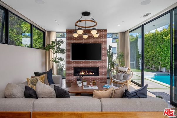 Fireplace, Interior, Living room, Pendant Lights, Recessed Lighting, Stone Walls