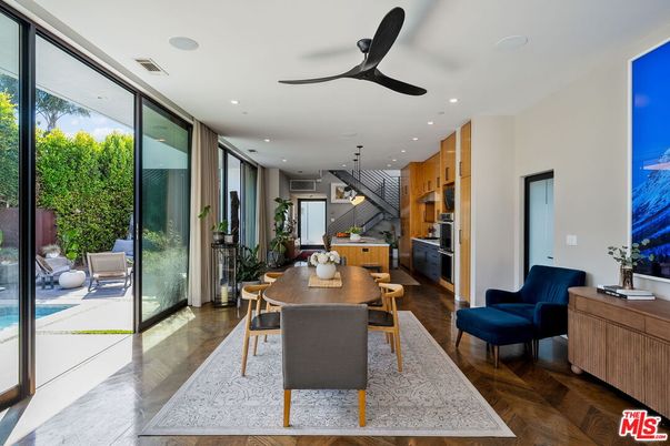 Dining room, Interior, Kitchen, Pendant Lights, Recessed Lighting, Wood Texture Flooring