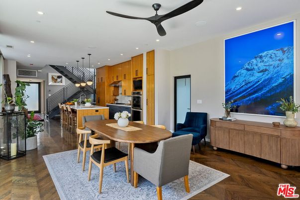 Dining room, Interior, Kitchen, Pendant Lights, Recessed Lighting, Wood Texture Flooring