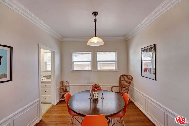 Dining room, Interior, Pendant Lights, Wood Texture Flooring