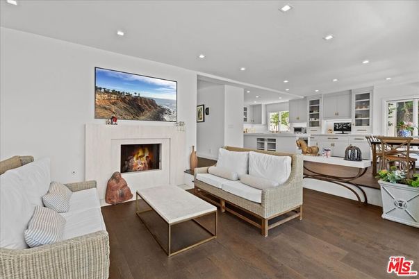 Dining room, Fireplace, Interior, Kitchen, Living room, Recessed Lighting, Wood Texture Flooring