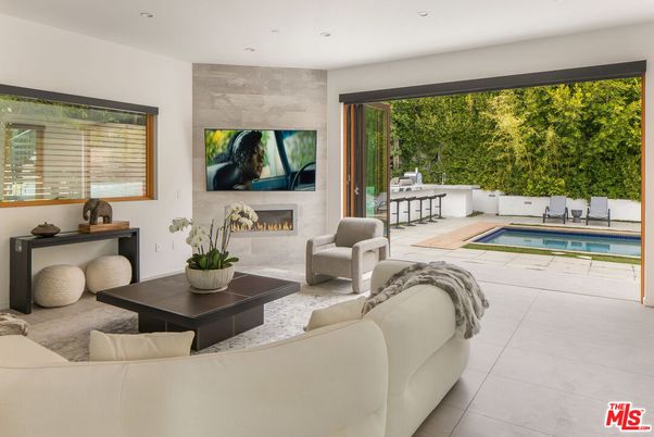 Fireplace, Interior, Living room, Pool, Recessed Lighting