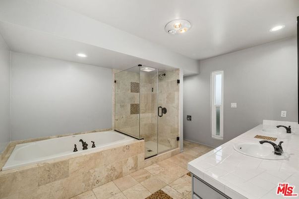 Bathroom, Glass Shower, Interior, Recessed Lighting, Tile Countertops