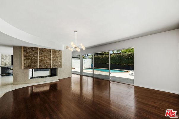 Empty room, Fireplace, Interior, Pendant Lights, Wood Texture Flooring
