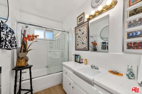 Bathroom, Glass Shower, Interior, Tile Countertops, Wood Texture Flooring