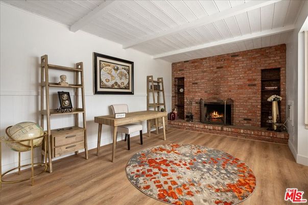 Fireplace, Home Office, Interior, Stone Walls, Wood Texture Flooring