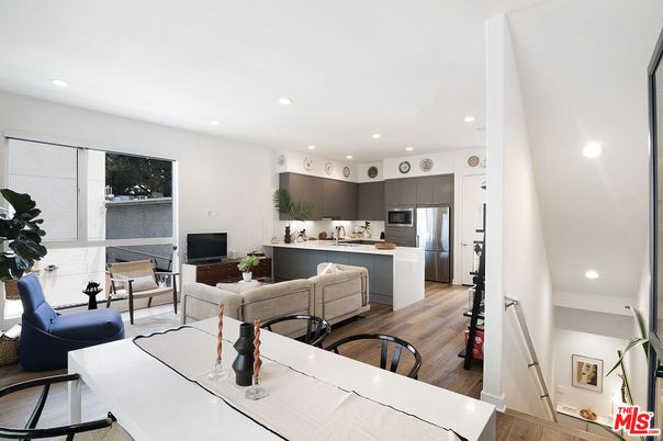 Interior, Kitchen, Living room, Recessed Lighting, Stainless Steel Appliances, Wood Texture Flooring