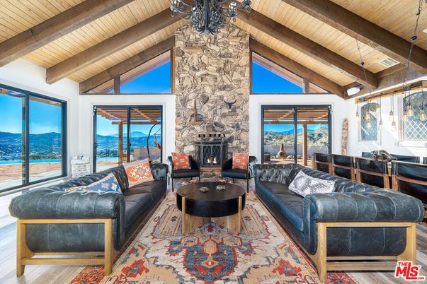 Fireplace, Interior, Living room, Stone Walls, Water, Wooden Beams, Wooden Ceilings, Wood Texture Flooring