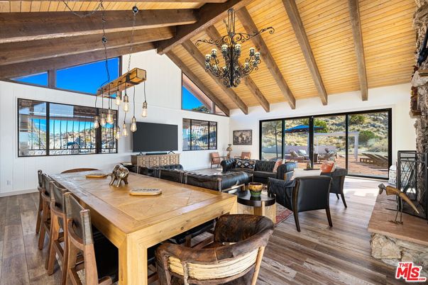 Chandelier, Dining room, Interior, Living room, Pendant Lights, Wooden Beams, Wooden Ceilings, Wood Texture Flooring