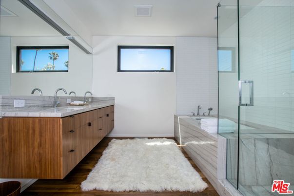 Bathroom, Dual Sink Vanities, Glass Shower, Interior, Tile Countertops, Wood Texture Flooring