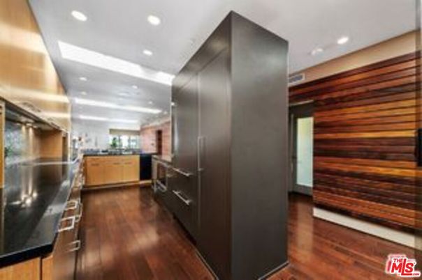 Interior, Kitchen, Recessed Lighting, Stainless Steel Appliances, Wood Texture Flooring, Wooden Walls