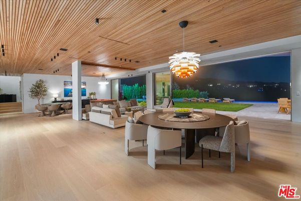 Chandelier, Dining room, Interior, Living room, Pendant Lights, Recessed Lighting, Wooden Ceilings, Wood Texture Flooring