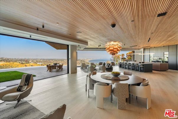Dining room, Interior, Living room, Pendant Lights, Recessed Lighting, Water, Wooden Ceilings, Wood Texture Flooring