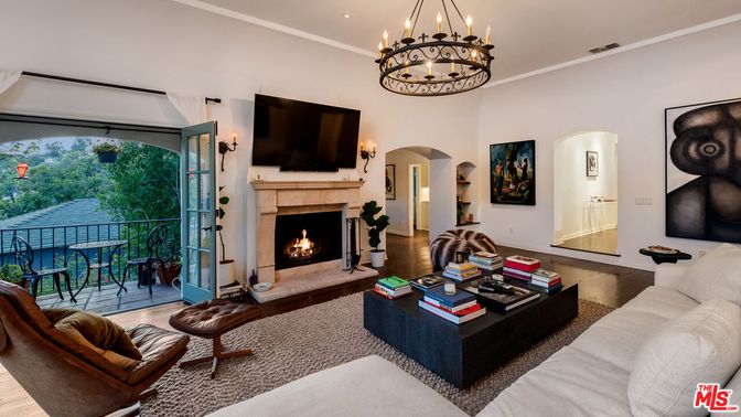 Chandelier, Fireplace, Interior, Living room, Recessed Lighting, Wood Texture Flooring