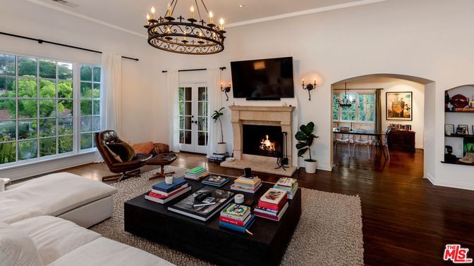 Chandelier, Fireplace, Interior, Living room, Recessed Lighting, Wood Texture Flooring