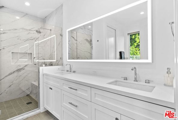 Bathroom, Dual Sink Vanities, Glass Shower, Interior, Marble Walls, Recessed Lighting