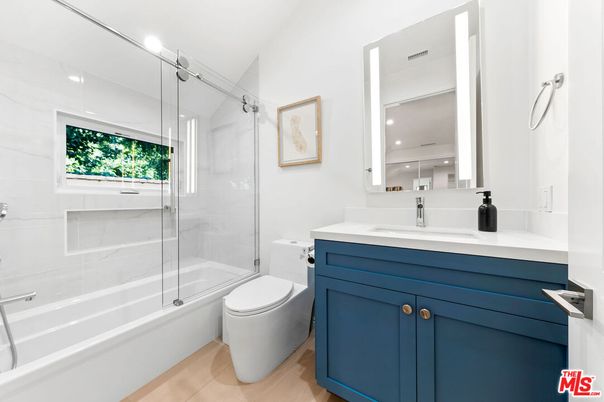 Bathroom, Glass Shower, Interior, Recessed Lighting, Wood Texture Flooring