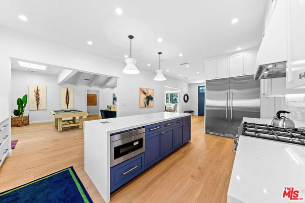 Billiard Table, Game Room, Interior, Kitchen, Pendant Lights, Recessed Lighting, Stainless Steel Appliances, Wood Texture Flooring