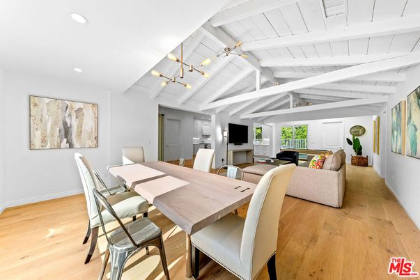 Dining room, Interior, Living room, Recessed Lighting, Wood Texture Flooring