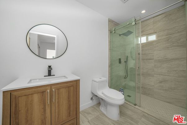 Bathroom, Glass Shower, Interior, Recessed Lighting, Wood Texture Flooring