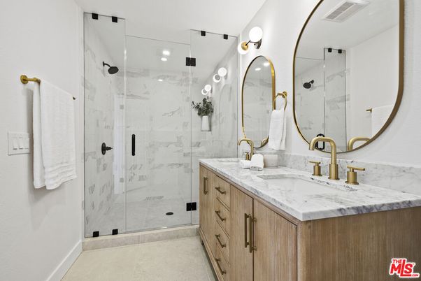 Bathroom, Dual Sink Vanities, Glass Shower, Interior, Marble Walls, Recessed Lighting