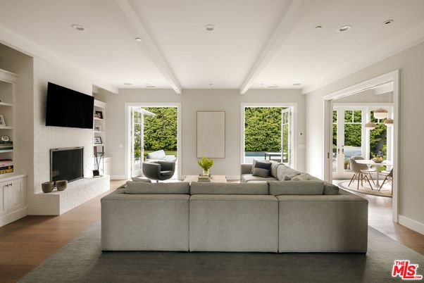 Dining room, Fireplace, Interior, Living room, Recessed Lighting, Wood Texture Flooring