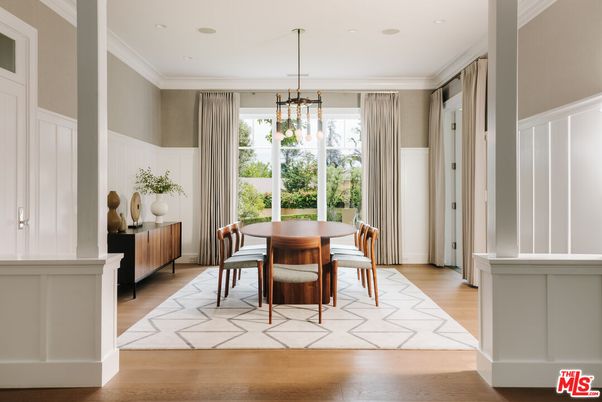 Dining room, Interior, Pendant Lights, Recessed Lighting, Wood Texture Flooring